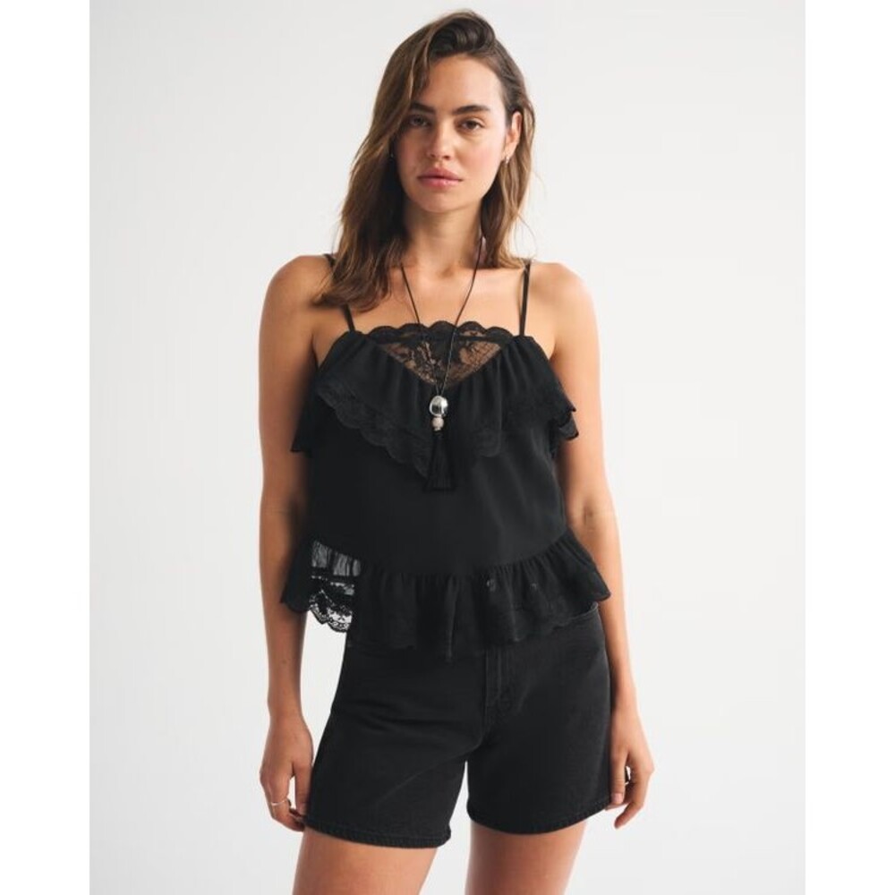 Abercrombie & Fitch Black Lace Trim Ruffle Cami Crop Top Chiffon Size S